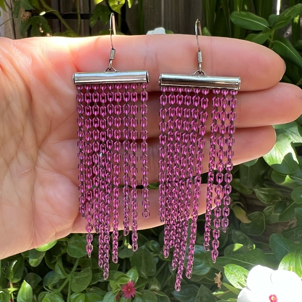 Vintage earrings - metallic pink and gold dangly chains - 80s 90s